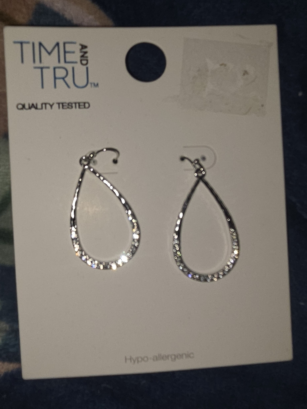 Time and Tru Silver Teardrop Earrings with Clear Rhinestones